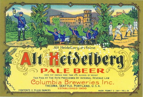 Columbia Brewery's Alt Heidelberg beer label, c.1934 - image