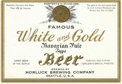 Horluck's White & Gold Beer label. 11 oz. c.1933