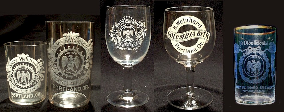 Five Weinhard etched glasses